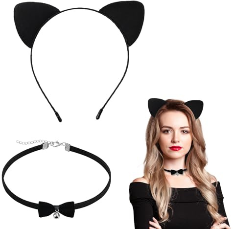 Duluok Katzenohren Stirnband Katzen Stirnband Katze Haarbänder Haarschmuck Halsband mit Glöckchen für Damen Mädchen für Mädchen Damen Kostüm Parteien Deko Cosplay Party Kostüm (Schwarz)