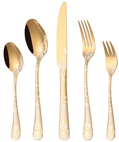 Besteck Set Gold für 6 Personen, HONKKU 30-teiliges Edelstahl Besteckset, Essbesteck Set Spiegel Polierter mit Blumenmustern, Gabel Löffel Messer Set Spülmaschinenfest