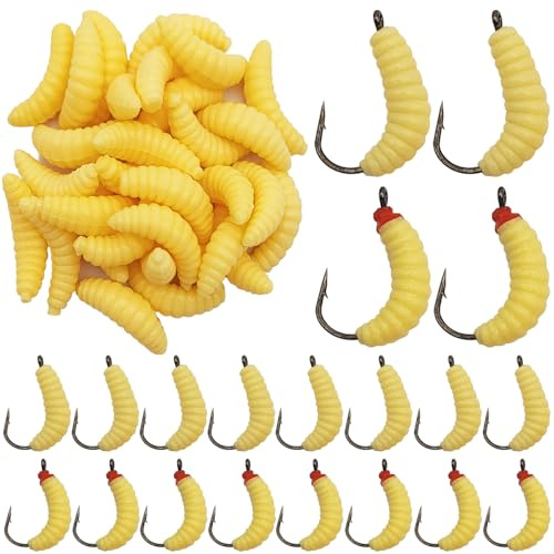 Rubber Maggots Fishing Bait, 20 Pcs Fishing Baits with Hooks + 30 Pcs Soft Maggot Bait Bread Worm, Fish Lures Worms Bulk FishGrubs for Trout, Crappie, Pan Fish, Bluegill, 50 Pack