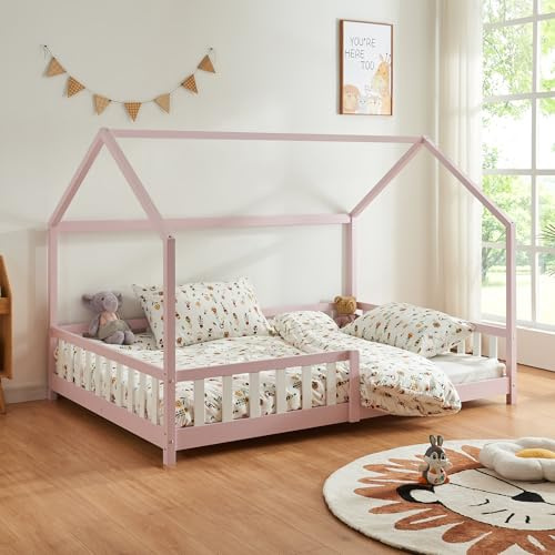 [en.casa] Kinderbett Hesel Hausbett Rosa 140 x 200 cm mit Rausfallschutz und Lattenrost Montessori Bodenbett Jugendbett Holzbett