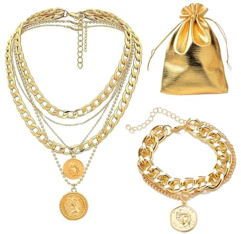 MADGININE 2 Pcs Punk Chunky Chain Necklace and Gold Bracelet, Adjustable Gold Layered Necklaces for Women, Layered Cuban Link Chain Necklace Multilayer Carved Coin Pendant Necklace for Women Girls
