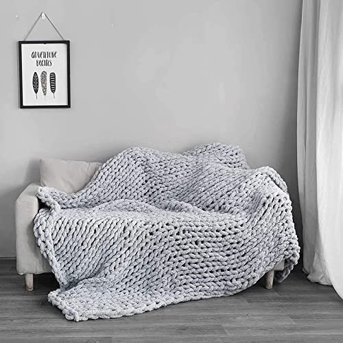 Handgefertigte weiche Grobstrickdecke, riesige Strickdecke, Überwurf für Sofa, Bett, Sessel, Garten, Hellgrau, 100 x 200 cm