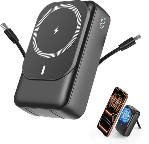 Magnetic Wireless Power Bank 26800mAh, PD 22.5W Type-C Fast Charging Portable Charger 5 Outputs, Battery Pack for Magsafe Built in Cables with Stand LED Display for iPhone Air 17/16/15/14/13/12-Black