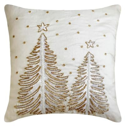 Decorazioni natalizie Decorativo Bianco e oro Fodera per cuscino Set di 2, 50 x 50 cm Seta Cuscino Decorazioni natalizie Fodera per cuscino, Albero di Natale Moderno Fodera per cuscino - Luminous Pine