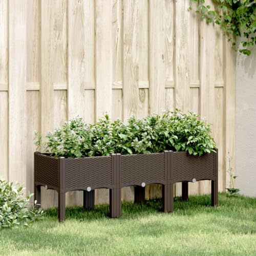 Myheimly Pflanzkasten mit Beinen Rattan-Optik, Pflanzkübel für Garten Terrasse, Blumenkasten Hochbeet Gemüsebeet Braun 120x40x42 cm PP