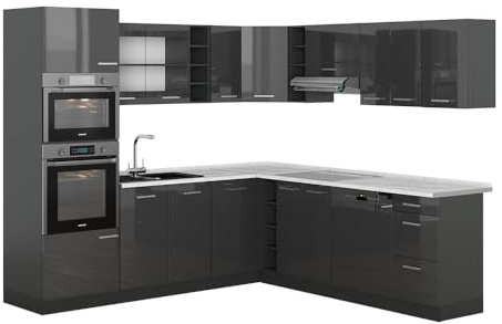 Vicco Cucina angolare completa R-Line, Antracite lucido/Antracite, 247 x 237 cm, PL Marmo, per una pianificazione cucina flessibile e un'estensione modulare