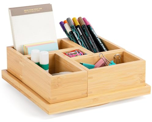 FoiiLiio Schreibtisch Organizer 360° Drehbar, DIY Stiftehalter aus Bambus mit 5 Fächern, Große Kapazität (25 * 25 * 9CM) - Ideal als Geschenk für die Feiertage