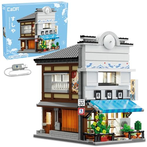 CaDA C66018W Japanische Sushi Haus Klemmbausteine Technik, Japan Stadtstraßen Serien Häuser Baustein Set, 1665 Teile Modular Buildings für Erwachsene und Jugendliche