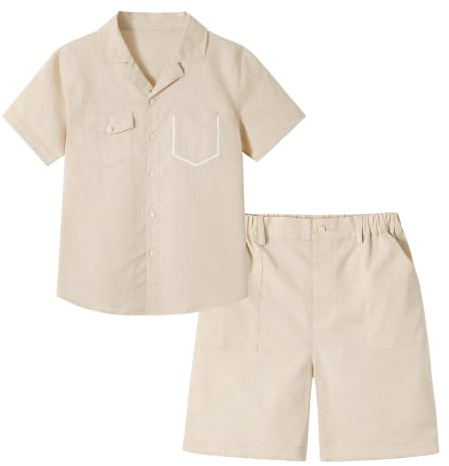 LOLANTA Pojkar linne shorts set, barn kortärmad button-down skjorta och shorts set sommaroutfit, Ljus khaki, 5-6 Years