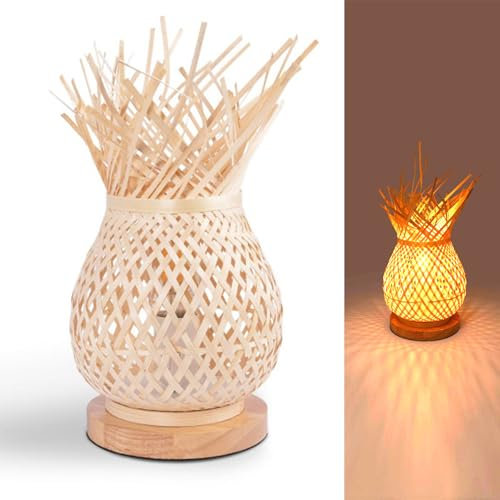 Alpinaluz Lámpara de Mesa – Pantalla de Bambú Mimbre Artesanal Ø15 cm y Base de Madera Natural – Casquillo E27 – Estilo Boho Nórdico Rústico para Dormitorio, Salón o Mesita de Noche