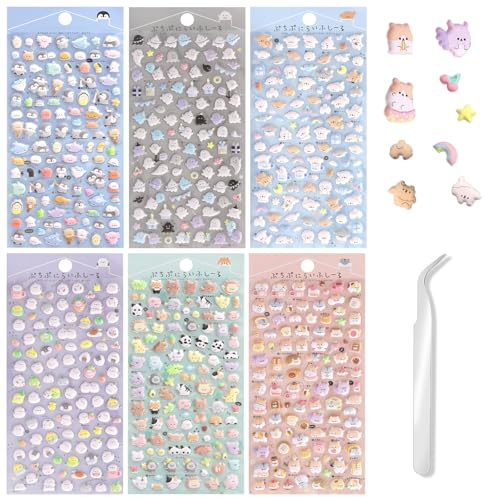 APOMOONS 6PCS 3D Jelly Sticker Tiere Cute Stickers & Pinzette, 3D Aufkleber Set Mini Puffy Kawaii Wasserdicht Tiere Aufkleber, für Handyhülle, Notizbuch, Tagesbuch