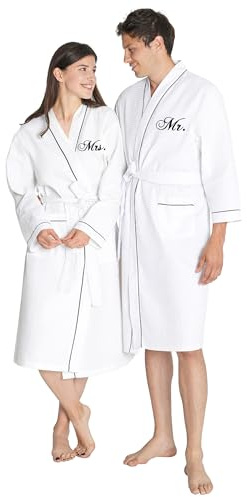 AW BRIDAL Waffelpikee Bademantel für Paare - Matching Herren & Damen Bademäntel mit Taschen, Brautjungfern Bademantel Set, Hochzeitsgeschenk Brautpaar (Weiß) - Extra langer Gürtel für alle Größen
