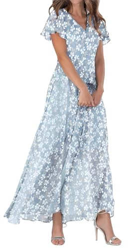 WVONIF Robe Longue D'été pour Femme Décontractée Volants Col Manches Courtes Mousseline Soie Robe de Plage Florale Trapèze Fête Robes Fleurie/Imprimé Col V Printemps Chic Légère été Vacances Jupe