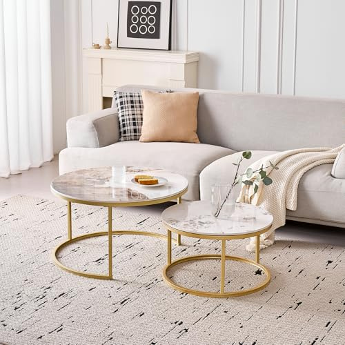 DEYARNA HOME Runden Couchtisch 2er Set, Moderne Satztische mit Keramikplatte (Keine MDF-Platte), Ideal für Wohnzimmer, Schlafzimmer, Balkon und Büro (Pandora+Gold), 60+80cm
