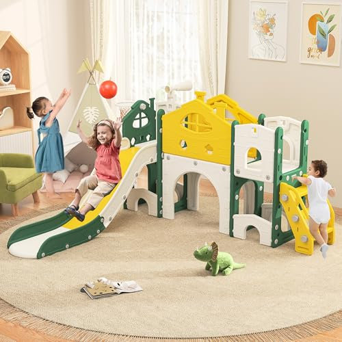 Toboggan pour Enfant, Jeu Plein Air Enfant Toboggan Amusant avec Allées Escaliers Cadres à Grimper et Télescopes, Jeu d'Extérieur et l'Intérieur pour Bébé Idéal pour Jouer (Jaune-1)