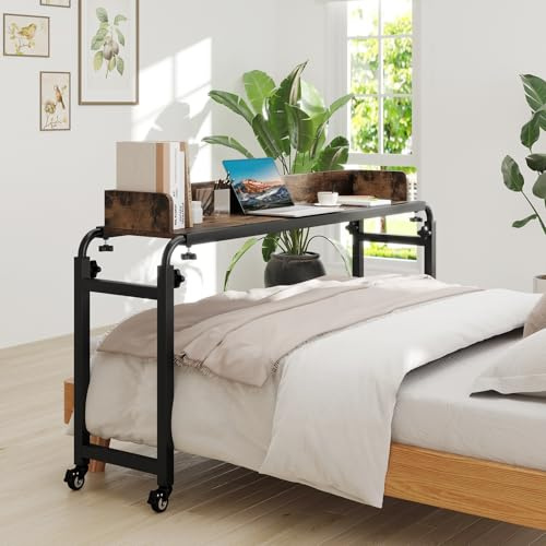 COSTWAY Überbetttisch mit Rollen, Betttisch mit Verstellbarer Höhe & Länge, Pflegetisch mit Schallwand, Schreibtisch über dem Bett, Computertisch Laptoptisch für Schlafzimmer (Rustikal Braun)