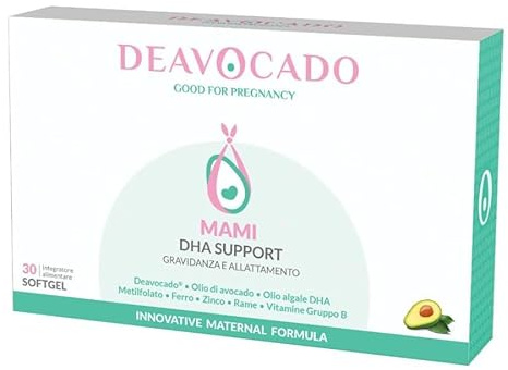 Deavocado Mami | Integratore per Gravidanza e Allattamento | DHA 200 mg, Olio di Avocado Fermentato, Metilfolato, Ferro, Zinco, Vitamine B | 30 Softgel | Senza Glutine e Lattosio