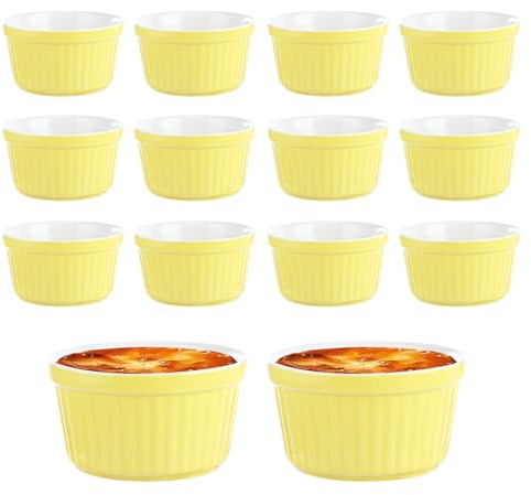 12 Pack 110ml / 4oz Yellow Porcelain Ramekin Set, Small Dipping Bowls | 7.5cm Creme Brulee Ramekins Pudding Custard Cups, Mini Baking Cups for Souffle Jams Cupcakes Muffin Ice Cream