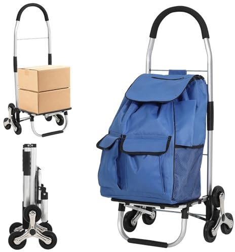 3 in 1 Folding Shopping Cart, Heavy Duty Stair Climber Dolly, 176LBS Stair Climbing Handcart Portable Grocery Cart with 6 Wheels and 36L Oxford Cloth Bag for Shopping Grocery Laundry Climbing