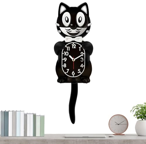 Kit-Katzenuhr – Acryl-Katzenuhr mit beweglichem Schwanz | Schwarz mit Chrom-Fliege, klassische bewegliche Augen und Schwanz | Raumdekoration für Geburtstag, Weihnachten, Einweihungsfeier, Schlafzimmer