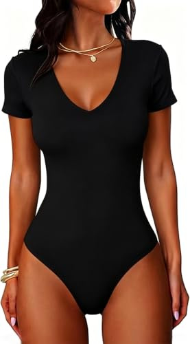 LEEDYA Womens V neck Bodysuits Summer Short Sleeve Body Suit Tops Casual Going Out T-shirts Sexy Slim Romper Trendy Outfits