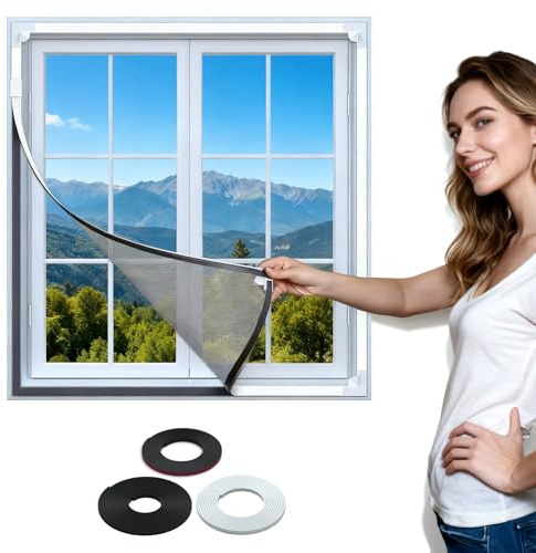 Fly Screens for Windows - Magnetic 60x80CM Cat Proof Window Screen, Adjustable Fiberglass Window Net, Insect-Proof Mesh for Home Ventilation