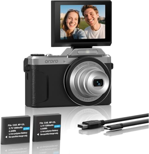 ORDRO 4K Digitalkamera mit 6-Fach optischem Zoom und 180°-Klappbildschirm – Retro-Vintage-Design, wackelfreier Autofokus, eingebauter Blitz und WLAN (Black)