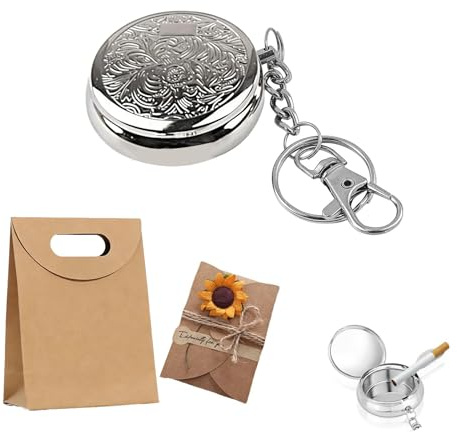 UZYXC Metallic Mini Taschenaschenbecher Geschenkset – Geruchsdichter & Tragbarer Aschenbecher für Unterwegs, Auto, Camping, Reisen – Inkl. Kraftpapier-Tüte & Trockenblumen-Karte