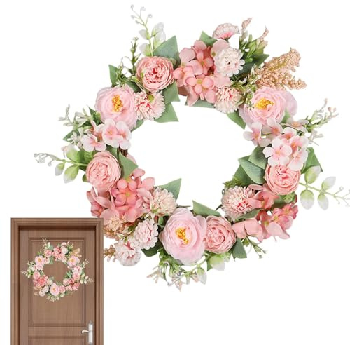 Türkranz Frühling, 40CM Hortensien Pfingstrosen, Frühlingskränze zur Haustür mit LED Licht, Bauernhaus-Blumenkränze, Frühlingsdeko für Zuhause, Feiertage, Fenstersdekoration, Wanddekoration