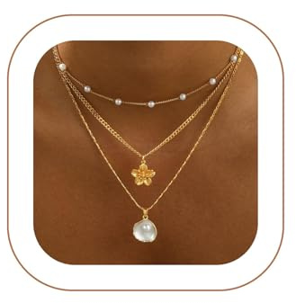 RIXERKOC Muschel Seestern Halskette für Damen, 14K Vergoldet Wasserfest Layered Perlen Charm Halskette Boho Muschel Perlen Kette Sommer-Strandurlaub Schmuck Geschenke