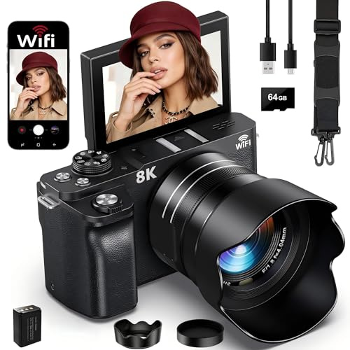 8K Digital Camera with WIFI, 88MP Autofocus Vlogging Cameras with 64GB SD Card for YouTube, 3.0 180° Flip Screen Compact Camera with Lens Hood for Teenagers, Beginners, Adults