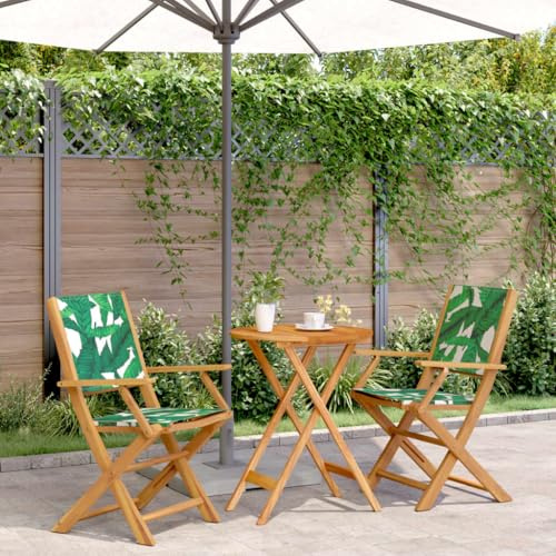 Mokuyary 3-delat bistro-set bladmönster tyg och massivt trä utomhus B | Bord och 2 stolar sittgrupp, trädgårdsmöbelset, balkongmöbler utomhus möbelset för terrass, trädgård, balkong