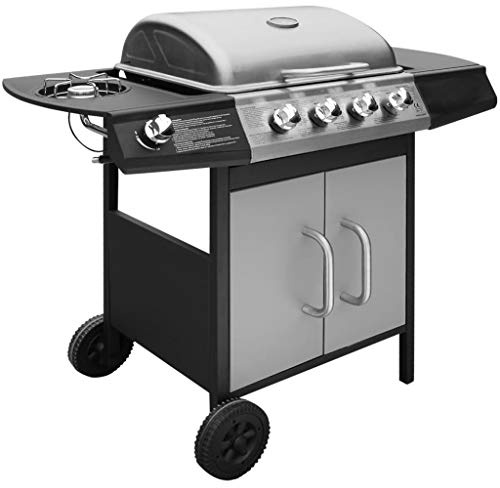Festnight BBQ Gasgrill Barbecue-Grill Grillwagen Gas-Grill 4 Große Brenner und 1 Seitenbrenner Schwarz und Silberfarben