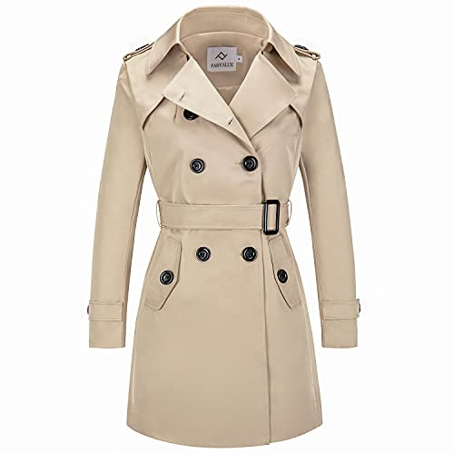 FARVALUE Women's Double Breasted Trench Coat Water Resistant Windbreaker Classic Belted Lapel Overcoat Khaki X-Large