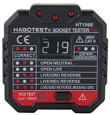 Akozon Comprobador de Enchufes 7 modos Detector de Polaridad de Circuito Probador de Fugas Prueba de RCD (HT106D) (EU)