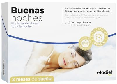 Buenas Noches Sueño - DOBLE ACCIÓN - Dormir Bien Rápidamente y Sueño Prolongado, Insomnio - Con Melatonina, Valeriana Forte, Pasiflora, Vitamina B3 y B6 | 60 Comprimidos BiCapa ELADIET