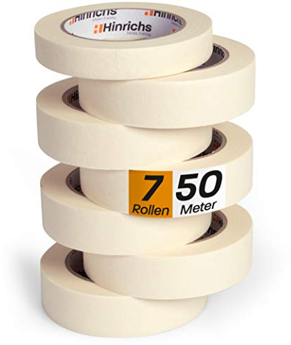 Hinrichs Nastro Carta 7x - Nastro Imbianchino 6 Rotoli 50m x 30mm + 1 Rotolo 50 m x 20 mm - Nastro Adesivo Pittura - Scotch Carta per Lavori di Verniciatura - Nastro Carta per Ristrutturazione e Auto