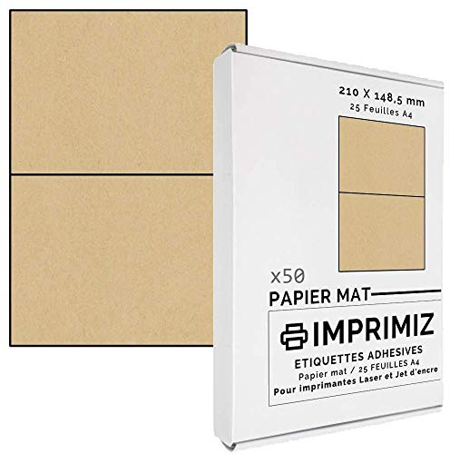 50 selbstklebende Etiketten aus natürlichem Kraftpapier, 148,5 x 210 mm, 2 Etiketten/Blatt, für Laser- und Tintenstrahldrucker, 25 Blatt A4