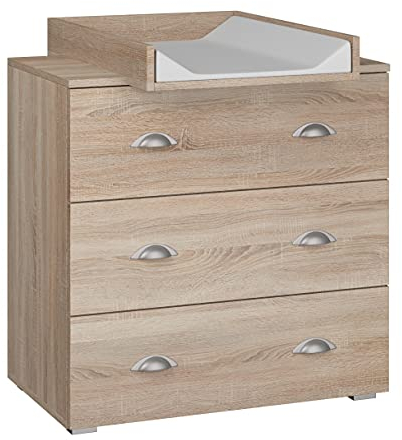 MIA Commode à langer, 80 cm, à 3 tiroirs, pour enfants, table à langer en chêne Sonoma