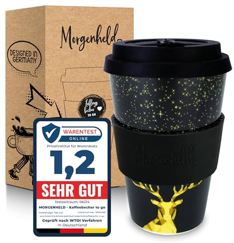 Morgenheld Kaffeebecher to go Porzellan 380 ml, Deer, BPA-frei | Wiederverwendbarer Trinkbecher mit auslaufsicherem Silikondeckel, plastikfrei verpackt – perfekt für Büro, Kaffee und Tee