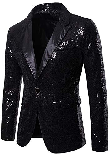FeMereina Men's Shiny Sequins Suit Jacket Blazer One Button Tuxedo for Party,Wedding,Banquet,Prom (Black, L)