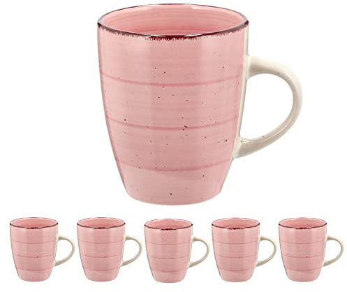 Set di 6 tazze da caffè, rosa, 360 ml, 9 x 11 cm, in gres porcellanato, con manico, tè, caffè, vin brulé, tazze in ceramica per bevande calde (1 set di 6 bicchieri rosa)