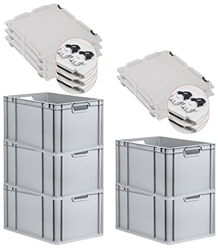 PROREGAL SuperSparSet 5x Eurobox NextGen Grip mit Scharnierdeckel und schwarzen Schiebeschnappverschlüssen, HxBxT 32x40x60cm, 65 L, Grau, Griffe offen, Eurobehälter, Transportbox