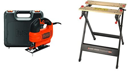 BLACK+DECKER 520 W Compact Jigsaw Power Tool with Blade and Kitbox, KS701EK-GB & Workmate, Work Bench Tool Stand Saw Horse Dual Clamping Crank, Heavy Duty Steel Frame, WM301