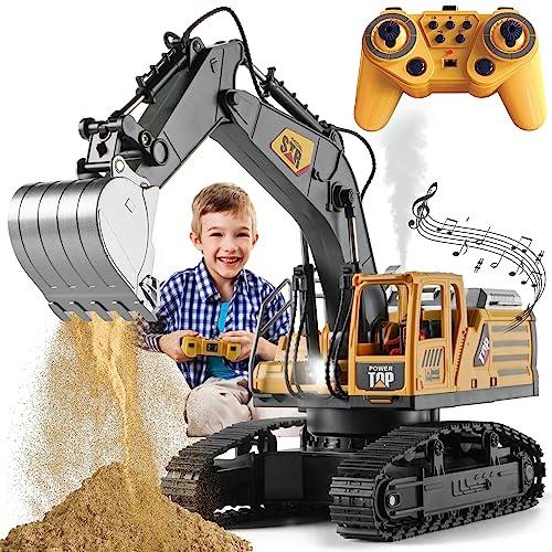 METHROP Remote Control Digger Toys 14 Channel Remote Control Excavator Construction Toys Tractor,Simulated smoke, sound, lighting, metal digging head,RC Truck Toys for Boys 6 7 8 9 10 11 12