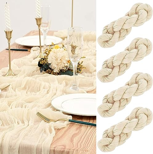 Beige Tischläufer, 4 Stück Käsetuch, 90 x 300 cm Rustikaler Gaze-Stoff Boho-Tischläufer, Seihtuch für Hochzeiten Brautparty Dekorationen Tischdekoration