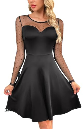 Zeagoo Damen Elegant Kleid Spitze Langarm Einfarbig Freizeitkleid A-Linie Rundhals Partykleid Mesh Festlich Minikleid Rabenschwarz M
