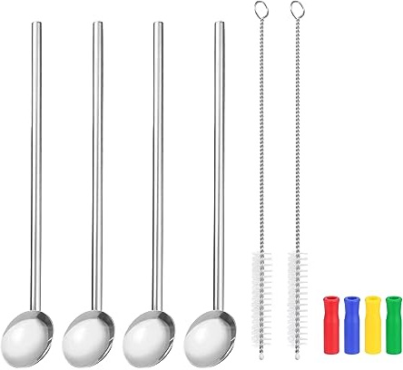 QUARKZMAN 4Stk Edelstahl Strohhalme Löffel 7.7 Wiederverwendbar Metall Bar Trinkender Strohhalm Löffel mit Reinigung Bürsten für Milchshake Getränke Cocktail Silber