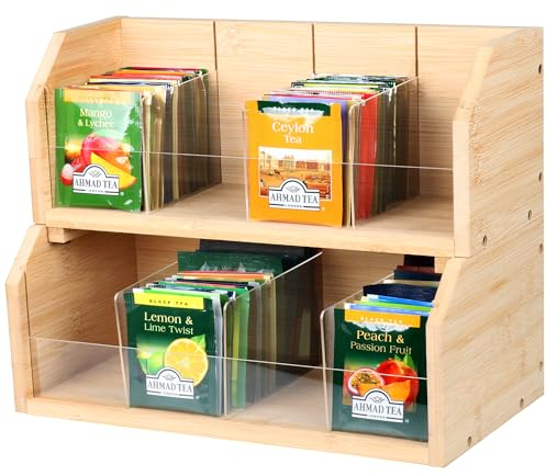 Scatola per il tè con 8 scomparti per 140 bustine di tè, organizzatore verticale a 2 livelli per bustine di tè, porta bustine di tè in bambù, per conservare bustine di tè, caffè e zucchero