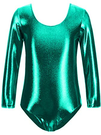FUREINSTORE Ballet Gymnastics Classical Shiny Elastic Dance Leotard Girls Long Sleeve Round Neck Ballerina Leotard (Grün, 12 Jahre)